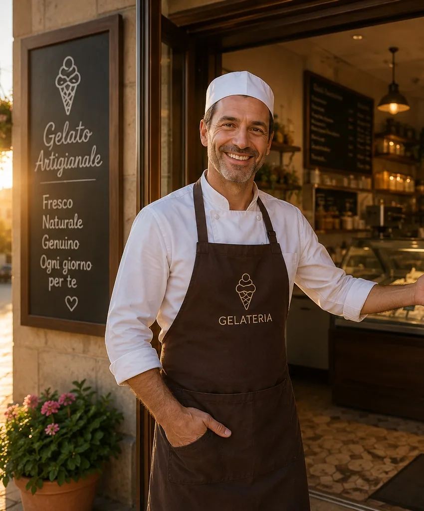 Gelatiere sulla soglia della gelateria, gesto di benvenuto