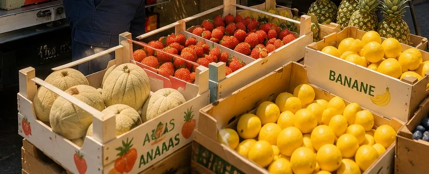 Furgone che scarica casse di frutta fresca davanti alla gelateria