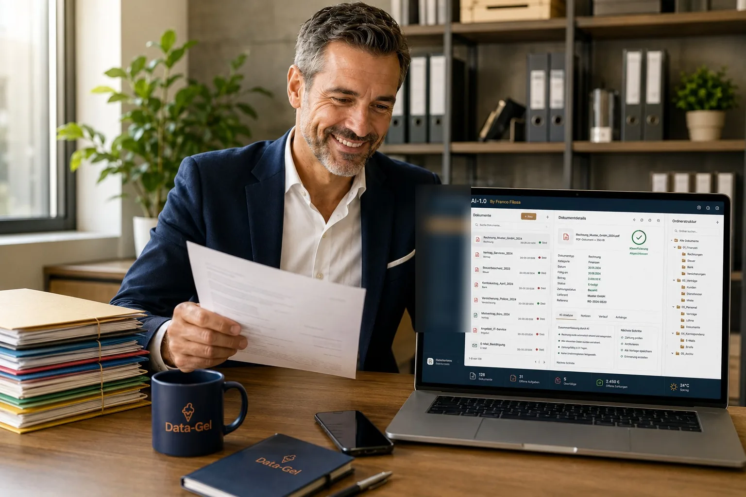 Uomo sorridente in ufficio con documento cartaceo e laptop che mostra DATA-BÜRO AI-1.0
