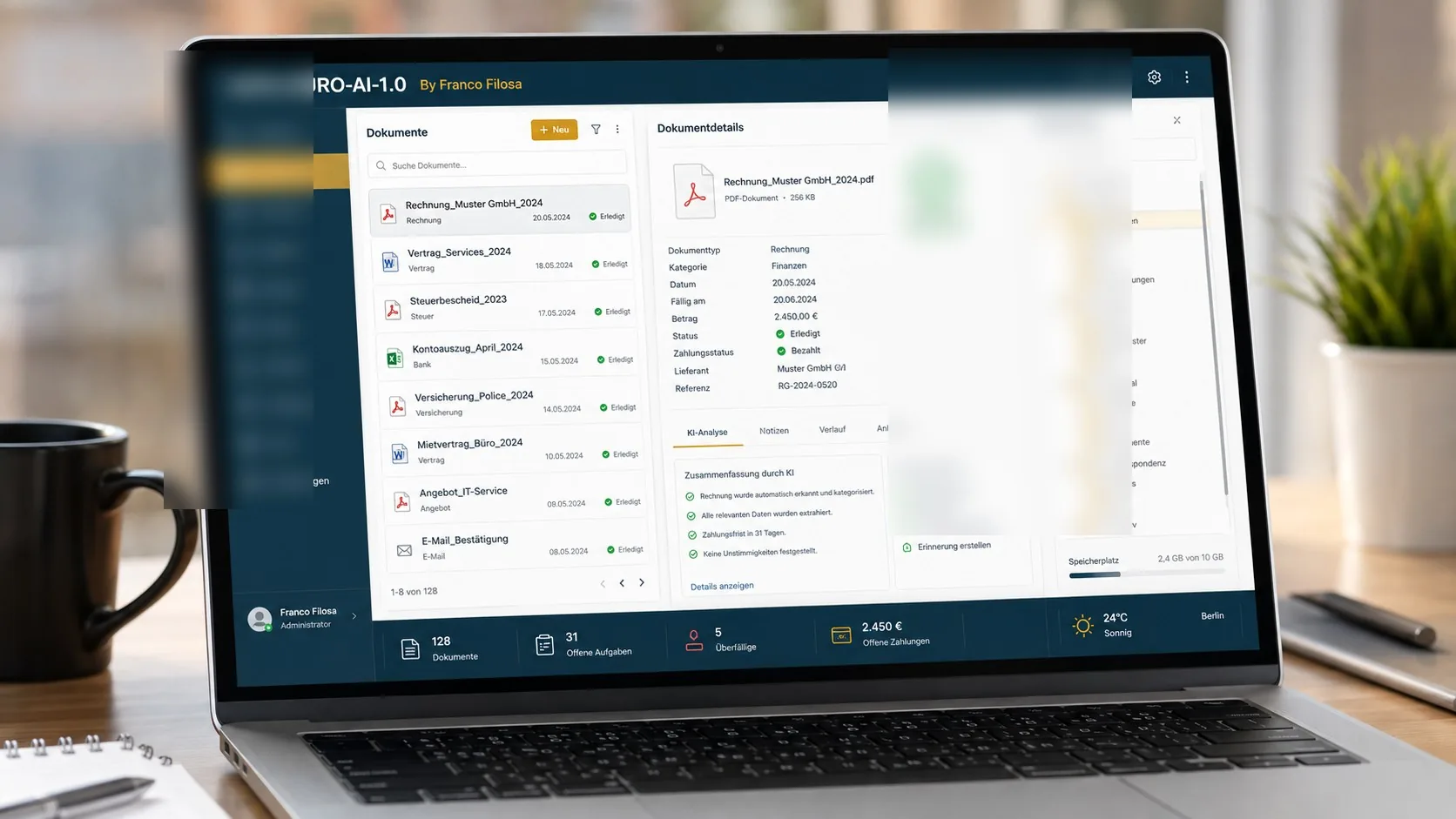DATA-BÜRO AI Dashboard mit Dokumentenliste und KI-Analyse, Menü und Ordnerstruktur unscharf