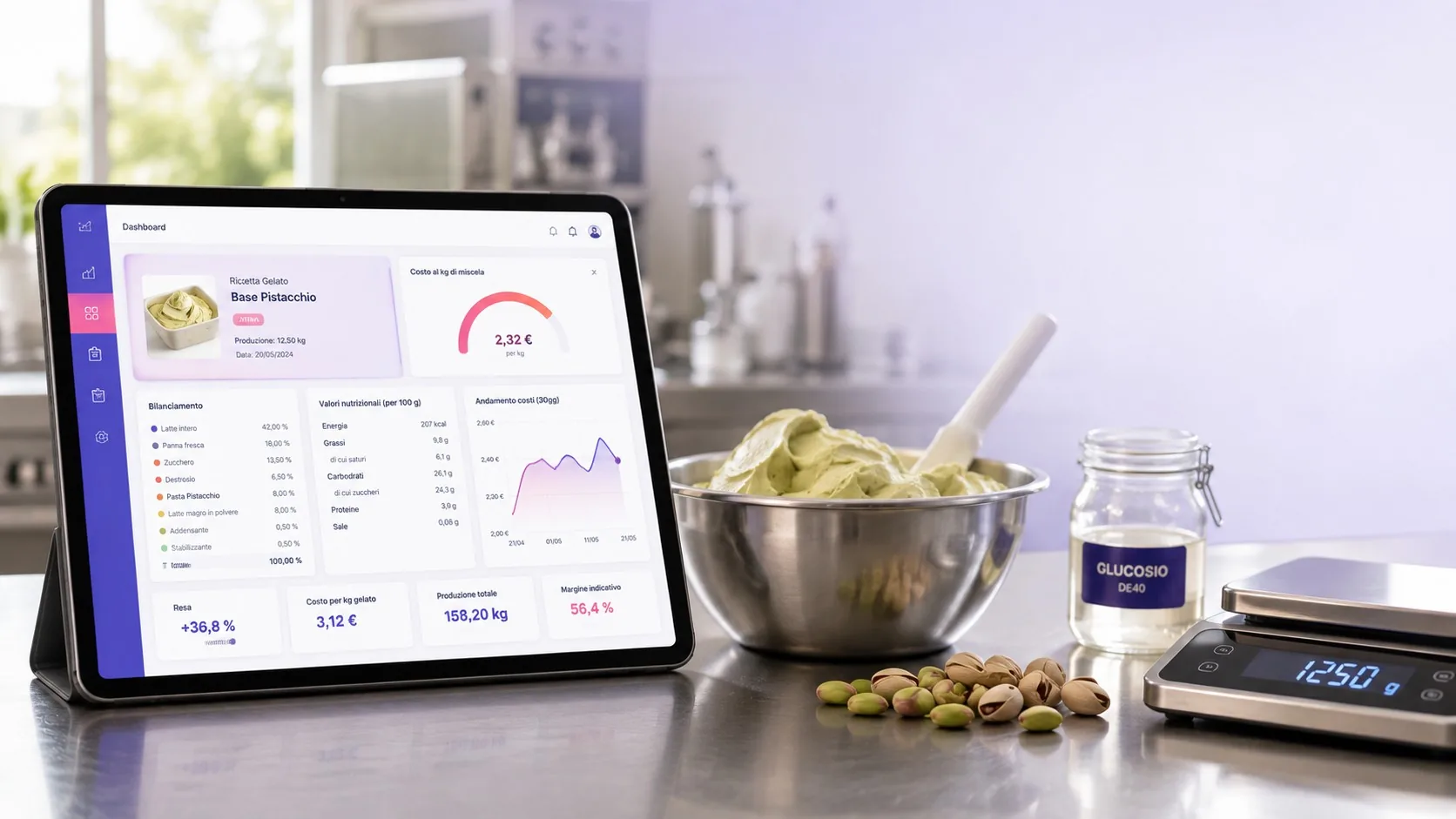Tablet mit Data-Gel-Ricette Dashboard: Rezeptbilanzierung, Kosten pro Kilo, Nährwerte